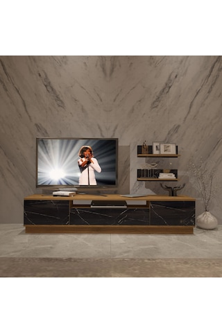Trendstyle 4s Mdf Tv Ünitesi Ve Orta Sehpa 2'li Set - Pera Siyah Mermer Safir Meşe - Royal Mermer
