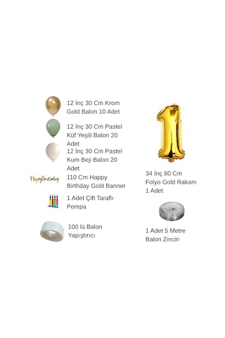 2 Yaş Pompa Hediyeli Doğum Günü Seti Gold Banner Krom Gold Küf Yeşili Kum Beji Balonlar Gold Folyo Rakam Çok Renkli