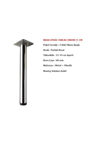 4 Adet Masa Ayağı 71 cm Ayarlı Krom Mobilya Ayak Çap : 60 mm