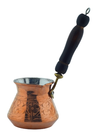 Ludıa İşlemeli Ahşap Saplı El Yapımı Eskitme Bakır Cezve M3