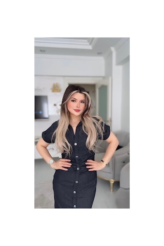 Deniz Beli Büzgülü Düğme Detaylı Denim Elbise Mavi Mavi