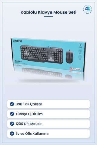 Kablolu Usb Klavye Mouse Seti Türkçe Q Tuş Dizilimli Dpı Ofis Ev Optik