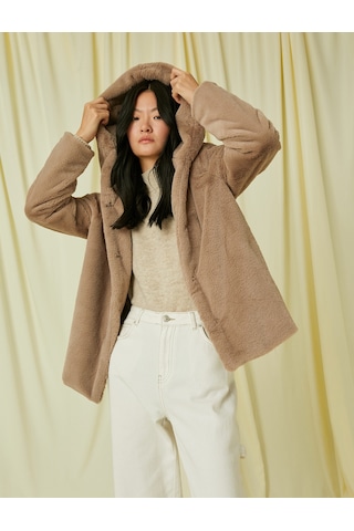 Koton Kapüşonlu Oversize Peluş Kısa Kaban Vizon 3wak00073ew Vizon