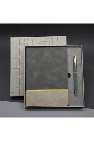 Mobgift Altın Şeritli Tarihsiz Soft Deri Defter Ve Roller Kalem Seti Gri