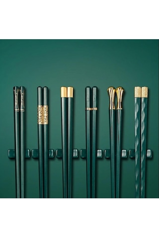 Valkyrie 5 Çift Yemek Çubuğu Seti 24,3 Cm Japon Kore Sushi Chopsticks Lüks Altın Detaylı Yeşil