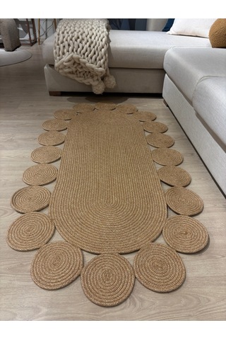 Mavaux Oval Papatya Hasır Jüt Çiçek Desenli Kilim Halı Bej