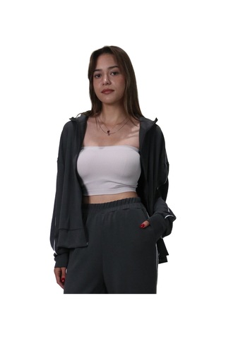 Kadın Modal Kumaş Kontrast Detaylı Rahat Kalıp Antrasit Ceket Hırka Antrasit