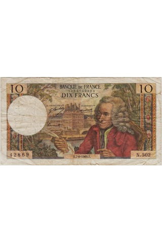 Fransa 10 Frank 1969 Voltaire Temalı. İğne Delikleri Ve Kenarlarda Bir Kaç Ufak Yırtık Var Çok Temiz -