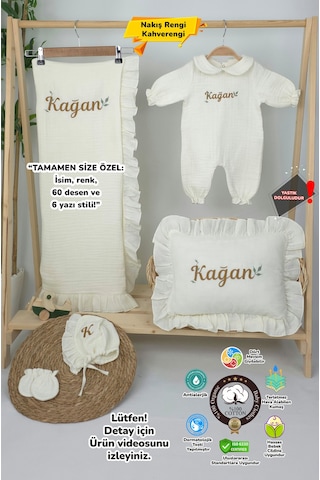 Gros Shop Müslin Yeni Doğan 4katlı Organik %100pamuk Kişiye Özgü Nakışlı Hastane Çıkış Seti Yaprak Desen-2 Ekru-1