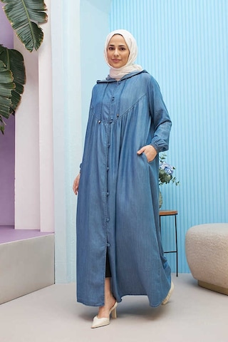 6635-brit Düğmeli Denim Ferace Koyu Mavi Koyu Mavi