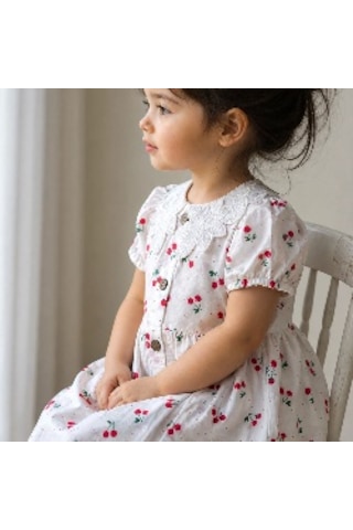Nota Kids Kız Çocuk Beyaz Kiraz Desenli Bebek Yaka Pamuklu Yazlık Elbise