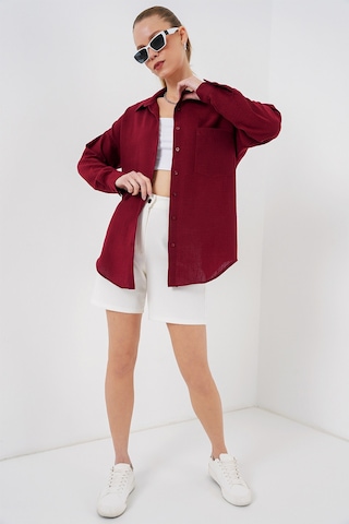 Bigdart 20153 Tek Cepli Oversize Keten Gömlek - Bordo