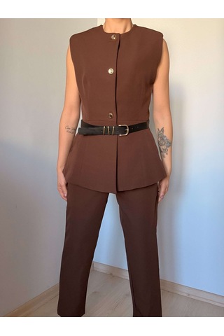 Ali Butik Kahverengi Kemer Detaylı Yelek Takım Kahve