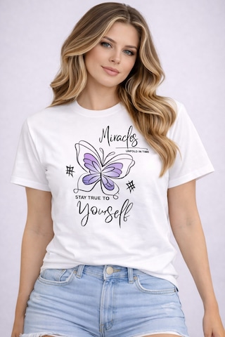 Herkesemoda Stay True Yourself Baskı Detaylı Basic T-shirt Beyaz