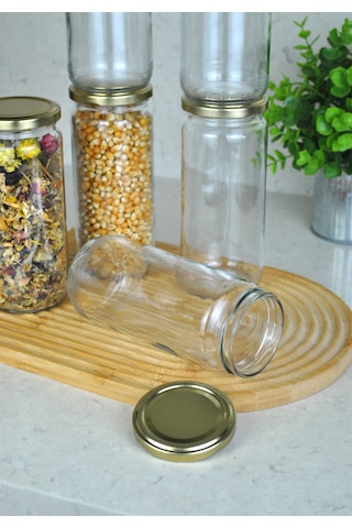 6 Adet Metal Gold Altın Kapaklı Konserve 500 Cc Şeffaf Uzun Cam K