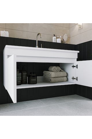 Banos Ld3 Ayaksız 2 Kapaklı Lavabolu Beyaz 100 Cm Banyo Dolabı Beyaz