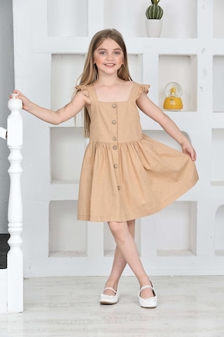 Kız Çocuk %100 Pamuk Keten Elbise 12197 Açık Kahve Açık Kahverengi
