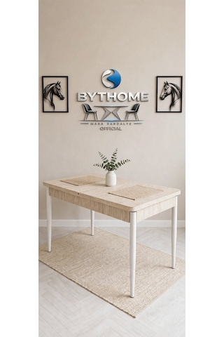 Byt Home Mutfak Masası Açılabilir Masa 6 Kişilik Masa Ahşap Masa Metal Ayak Traverten Desen