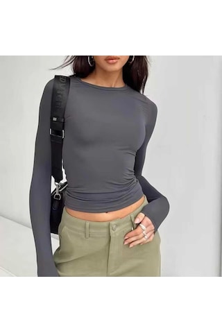 Bisiklet Yaka Basic Uzun Kollu Slim Fit Kadın Body Antrasit