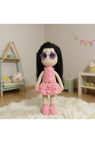 Tığ İşi Sevimli Kız Bebek Amigurumi Örgü Oyuncak Krem - Pembe
