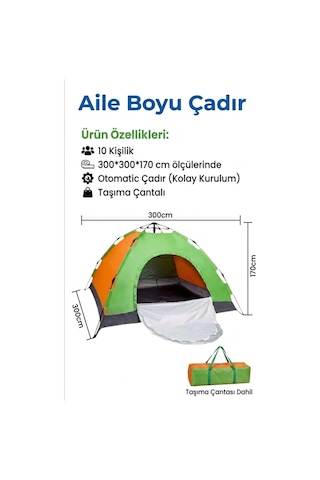 Aile Boyu 10 Kişilik Otomatik Kamp Çadırı - 300x300x170 Cm Kolay Kurulum Deprem Acil Durum Çadır Taşıma Çantalı Çok Renkli