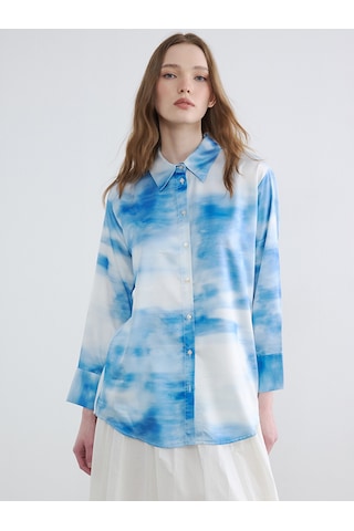 Lcw Modest Mavi Batik Saten Kadın Gömlek Tunik