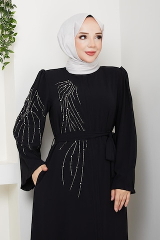 Eslemnur Önü Ve Kolu Taşlı Reglan Kol Ferace Siyah