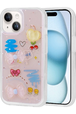 Apple iPhone 15 Plus Uyumlu Kabartma Figürlü Parlak Minimini Silikon Kılıf-pembe Pembe Pembe