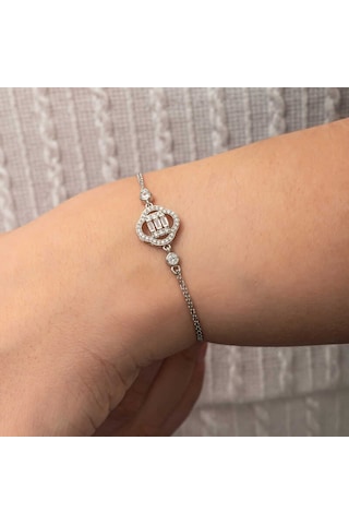Gümüş Yonca Baget Taşlı Kadın Bileklik Gümüş