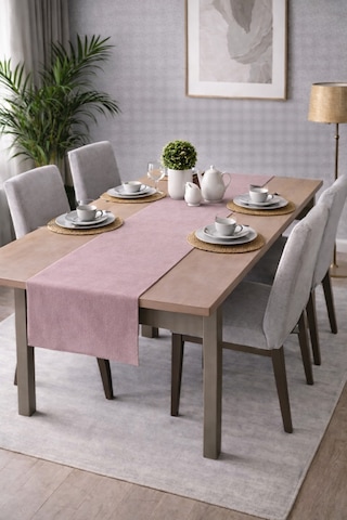 Perdeyap1980 Kadife Dokulu Pudra Renk Ada Serisi Runner 40 X 140 Cm Pudra