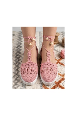 Trakyatrend El Örgüsü Pudra Pembe Bohem Sandalet - Bağcıklı Ve Boncuk Detaylı Pembe
