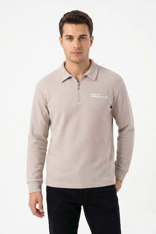 Opınıon Erkek Spor Polo Yaka Petek Dokulu Sweatshırt Bgl-st05442 Taş