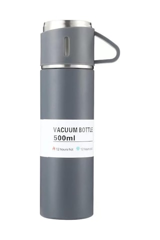 Bardaklı Paslanmaz Çelik Termos 500 Ml Sızdırmaz Kapak, 12 Saat Sıcak & Soğuk Gri