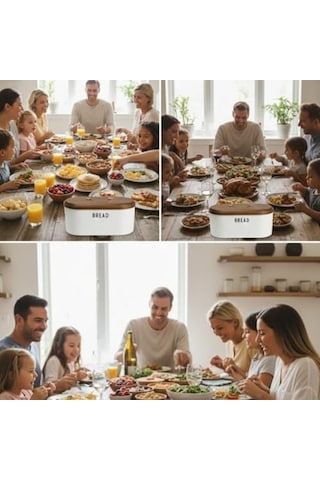 Beyaz Metal Ekmek Kutusu 33x18x18 Cm Ahşap Kapaklı Büyük Hacimli Ekmeklik Gold Kulplu Modern Mutfak Depolama Kabı Uzun Süre Taze Saklama Açık Gri
