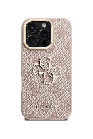 Apple iPhone 16 Pro Max Uyumlu Kılıf Guess Lisanslı Metal 4g Ve Yazı Logolu Kamera Standlı Kapak Pembe