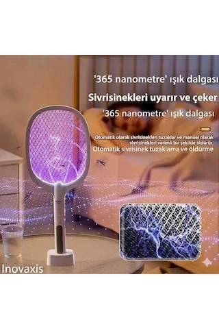 Dijital Ekranlı Şarjlı Sinek Raketi Usb Type-c Elektrikli Standlı El Tipi Mor Işıklı Sivrisinek Öldürücü Beyaz