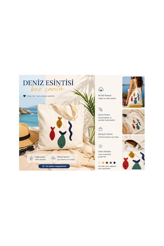 Lumindra Deniz Esintisi Balık Desenli Bez Omuz Çantası Günlük Kullanım, Doğal Pamuk 43 39 Krem Krem