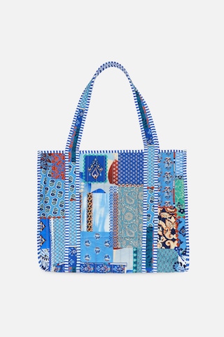 İcone Bag Patch Yama Desen Baskılı Kapitoneli Plaj Çantası, İçi Çizgili Baskılı Shopper Çanta, Pembe Plaj Çantası Mavi