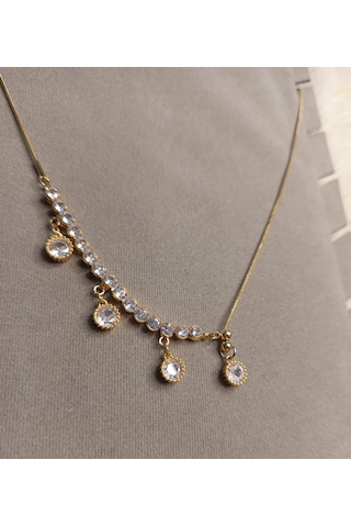Beren Aksesuar Stainless Steel Zirkon Taşlı Çelik Kolye Gold
