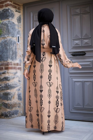 Hira Life Fashion Kadın Tesettür Geometrik Desen Önü Düğmeli Ve Bel Kuşaklı Viskon Elbise Vizon Vizon