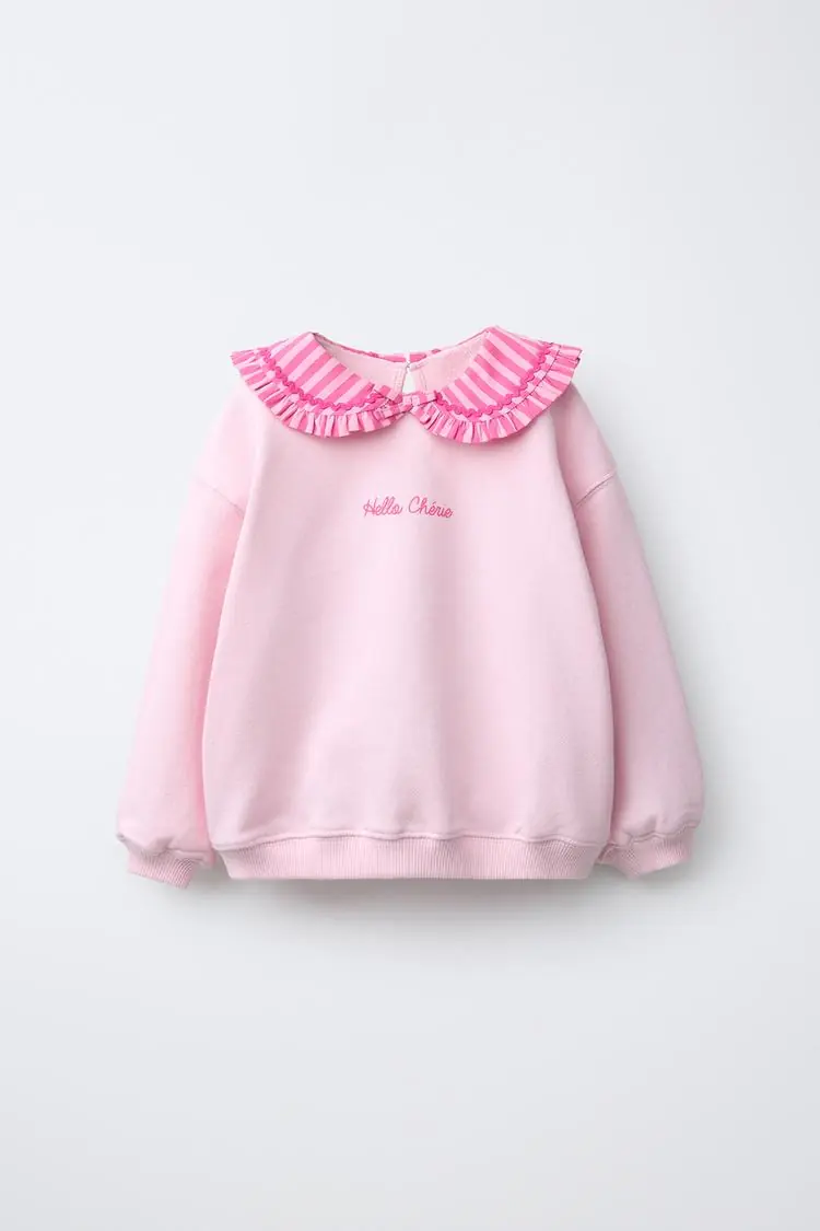 Mod Kids Kız Çocuk Sweatshirt - Fırfır Yakalı Pembe %100 Pamuk Açık Pembe