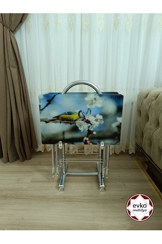Evko Mobilya Çanta Zigon Sehpa, 4'lü Sehpa, Zigon Sehpa, Servis Sehpası, Camlı Sehpa, Katlanır Sehpa Yeni Kuş Mavi - Krem
