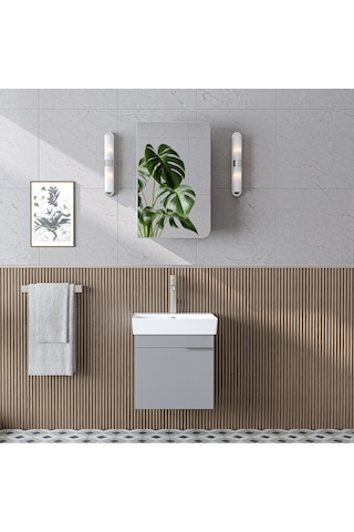 Likya Mdflam Tek Kapaklı Lavabolu 49 Cm Banyo Dolabı + Üst Dolabı, Mini Lavabolu Banyo Dolabı Takımı Kül Gri