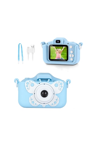 Springsun Çocuklar İçin Eğitici Mini Dijital Kamera - Yüksek Çözünürlüklü Çift Kameralı, Fotoğraf/video/ Oyun Özellikli, Kelebek Mavisi X5s