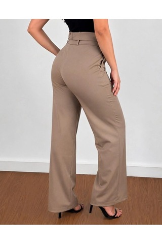 DefyModa Kadın Yüksek Bel Kemersiz Atlas Pantolon Sütlü Kahve