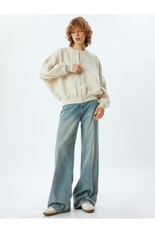Koton Oversize Fermuarlı Sweatshirt Dikiş Detaylı Bisiklet Yaka Bej 5wal10014ık Ekru