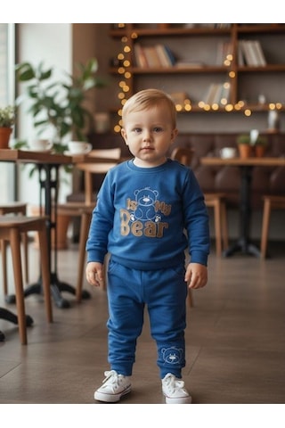 Zekids Erkek Bebek Pamuklu Ayıcıklı Eşofman Takım-16330 Mavi