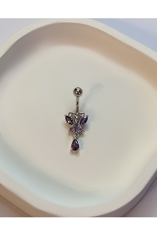 Kadın Mor Kelebek Model Sallantılı Çelik Piercing Gümüş