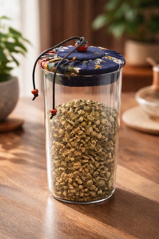 Makri Home 800 Ml Borosilikat Cam Hava Geçirmez Lacivert Kumaş Kaplama Bambu Kapaklı Kavanoz, Çap:8 Cm, H:21 Cm Lacivert