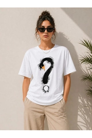 Efnaz Style Kuğu Figürlü Soru İşareti Baskılı Tişört Kısa Kol T-shirt - Beyaz